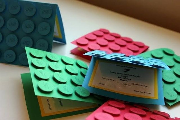 6Make invitations using colored card stock, a one inch hole punch, and 3D foam tape.